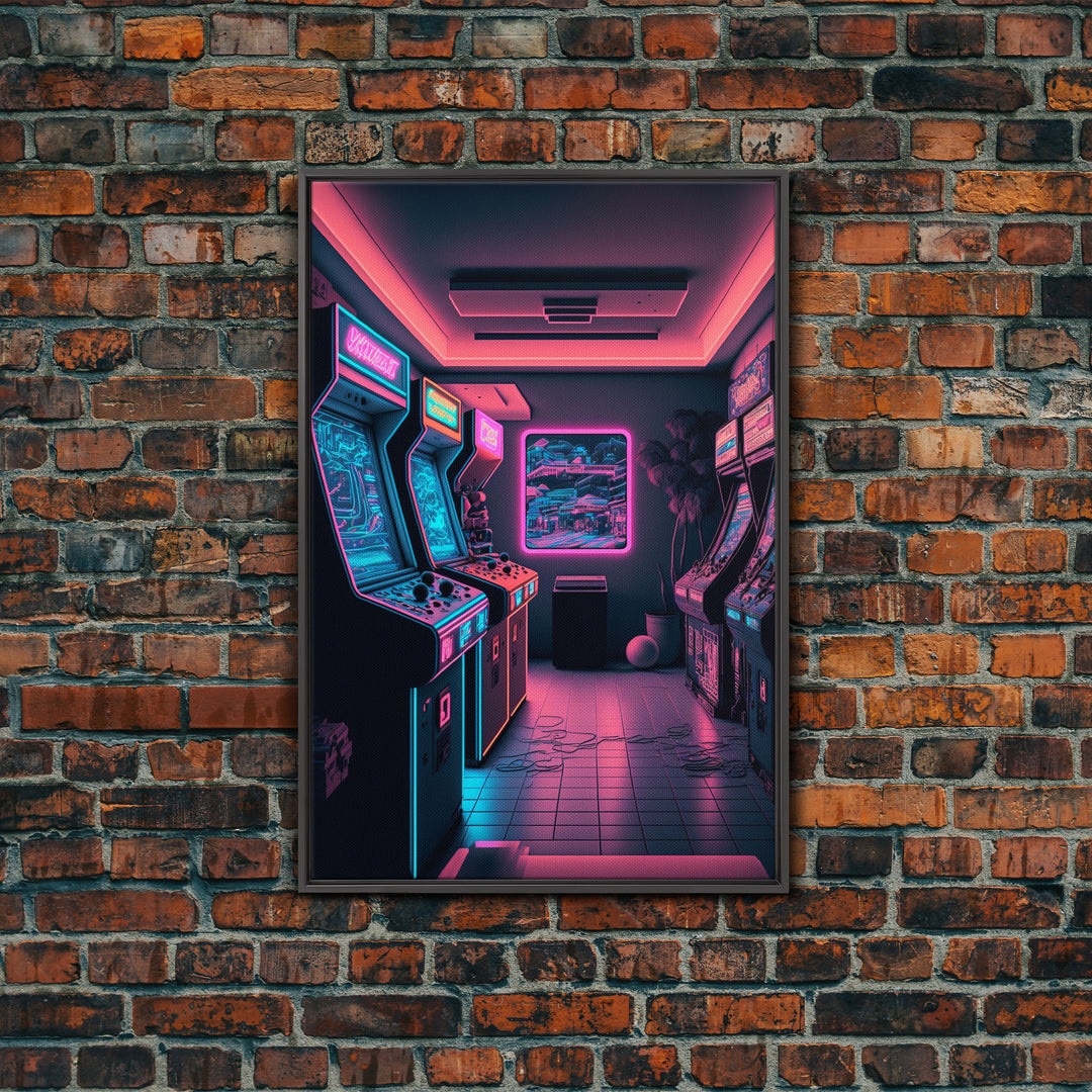 Neon Arcade, Gamer Room Decor, Unique Game Room Art, Framed Canvas Print, Synthwave Style Art, Vaporwave Gamer Art, Retrowave Arcade