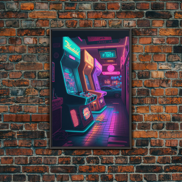 The Neon Arcade, Gamer Room Decor, Unique Game Room Art, Framed Canvas Print, Synthwave Style Art, Vaporwave Gamer Art, Retrowave Arcade