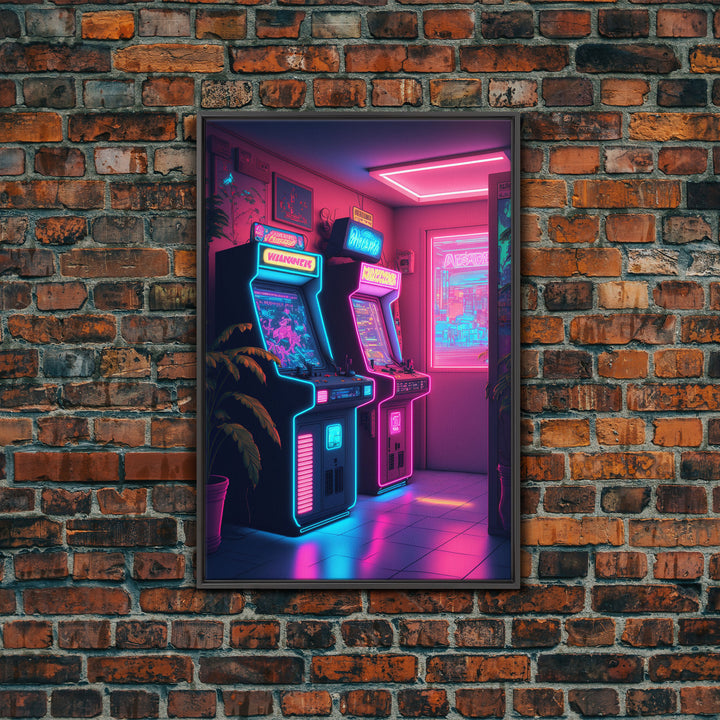 Retrowave Arcade Room, Neon Gamer Art, Framed Canvas Print, Framed Wall Art, Retrowave Arcade Decor, Game Room Art