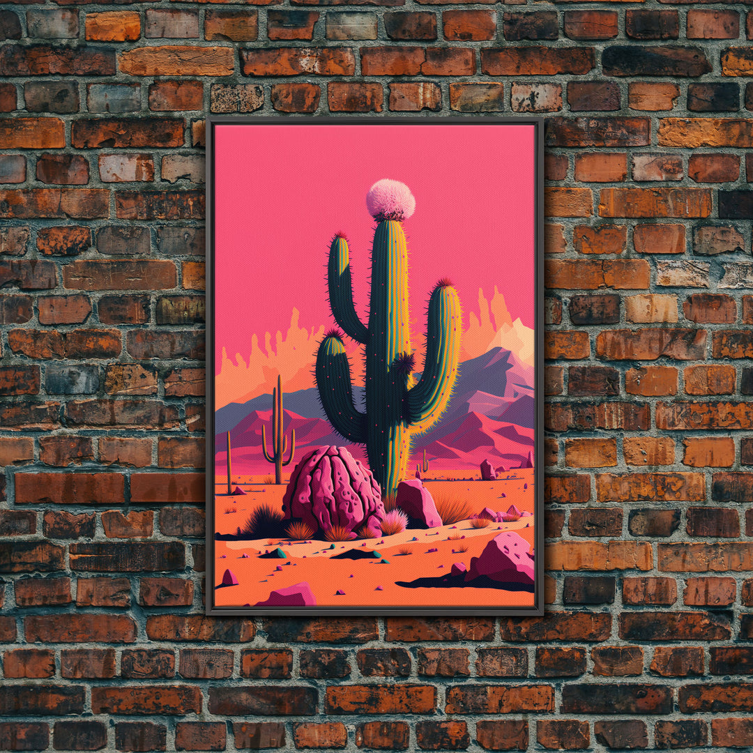 Mexico Cactus Art, Synthwave Pink Art, Framed Canvas Print, Southwest Saguaro Cactus Succulent Art, Western Decor