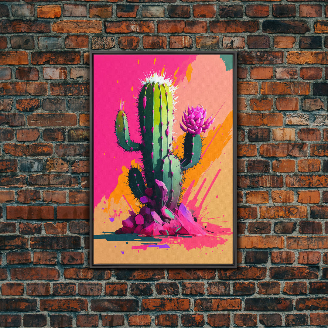 Pop Art Mexico Cactus Art, Synthwave Pink Art, Framed Canvas Print, Southwest Saguaro Cactus Succulent Art, Western Decor