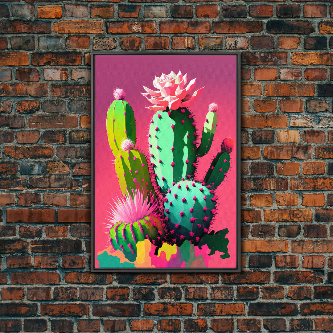 Cactus Art, Pop Art Style, Framed Canvas Print, Pueblo Style Midwest Decor, Western Art, Primitive Style Wall Art