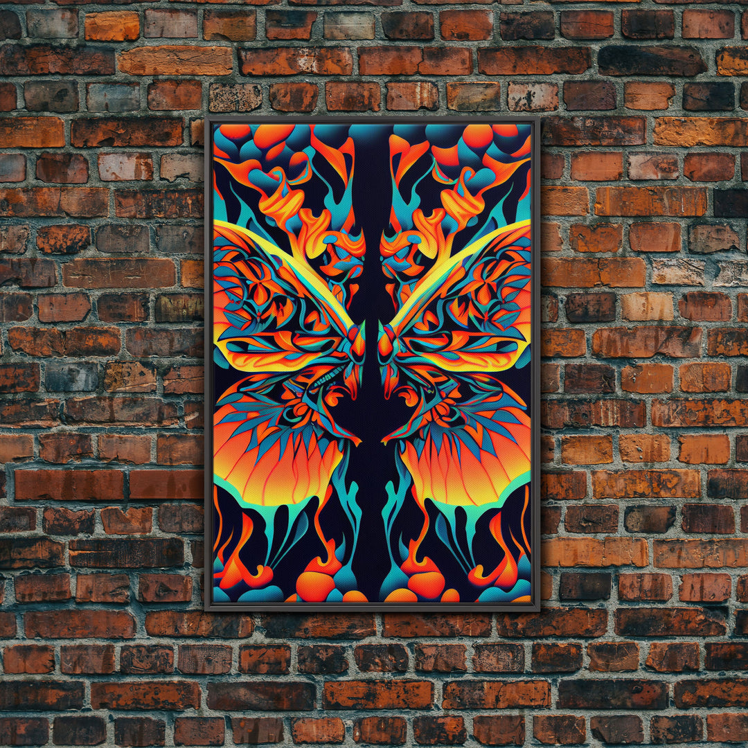 Butterfly Fire Rorschach Art, Dual Meaning, Framed Canvas Print, Optical Illusion Art