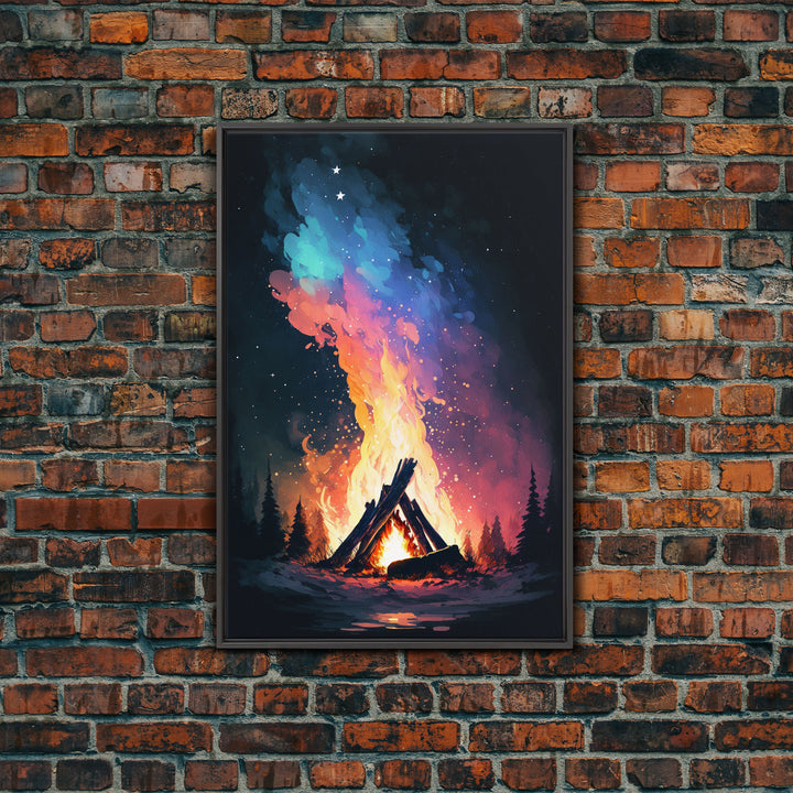 Campfire Print, Framed Canvas Art, Original Artwork, Hiking, Up North, Lake Life, Cabin Decor