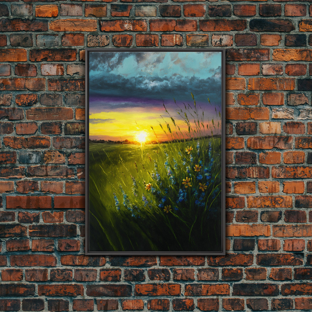 Sunset Over A Texas Field, Watercolor, Framed Canvas Print, Living Room Guest Room Art, Wall Decoration