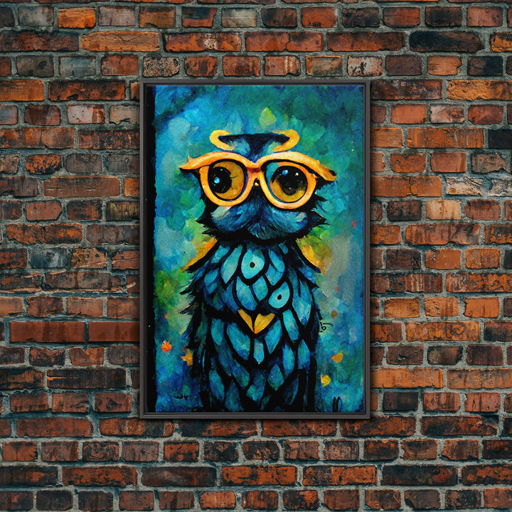 Wise Owl With Glasses Canvas Art - Owl Painting - Owl Wall Decor