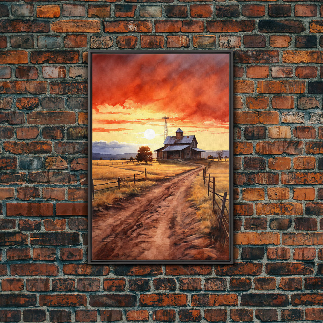 Sunset Over Kansas Farmhouse, Framed Canvas Print or Poster