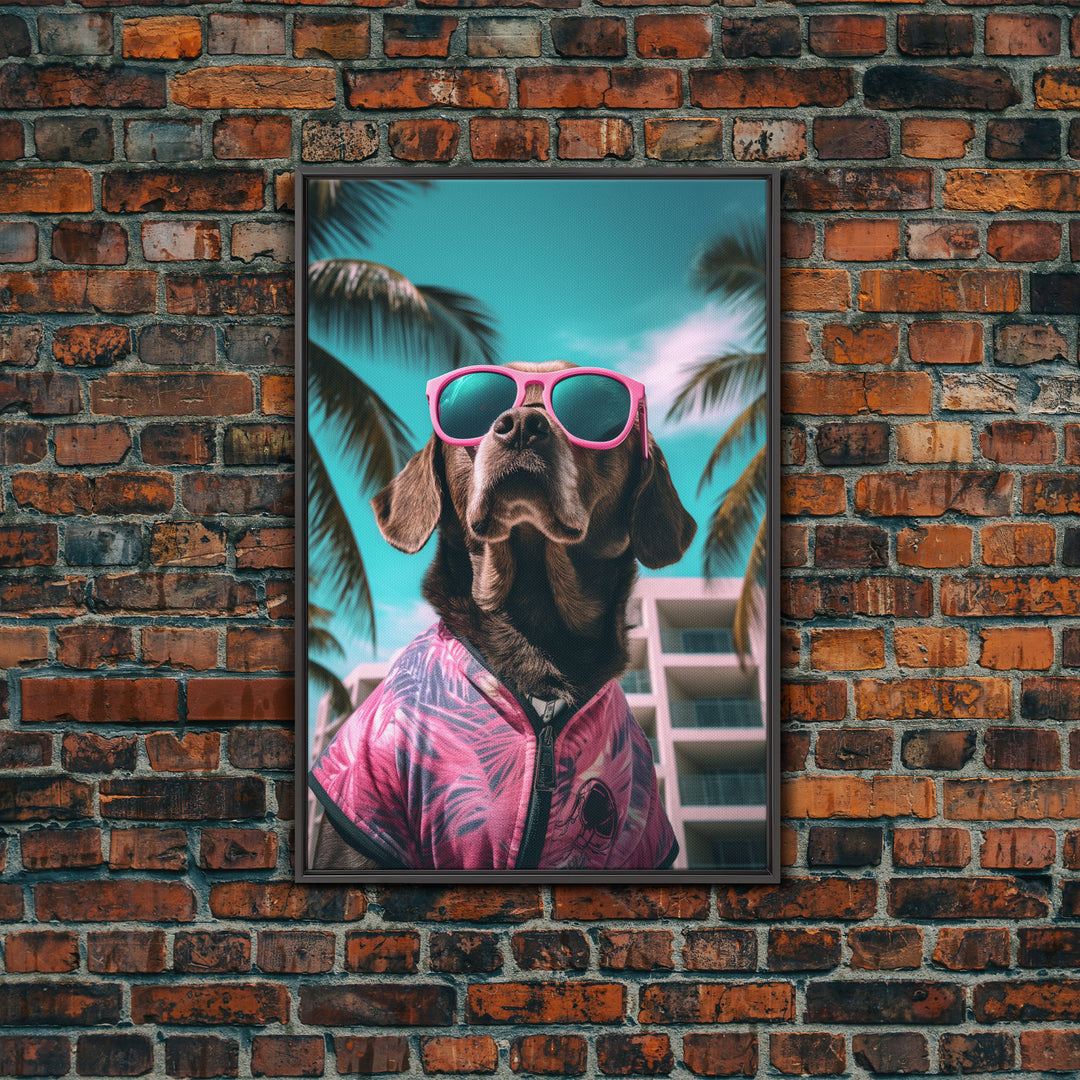 Labrador Dog Wall Print, Dog Wall Art, Dog With Shades, Pink Shirt, Funny Wall Art, Framed Wall Art, Framed Canvas, Wall Print, Wall Canvas