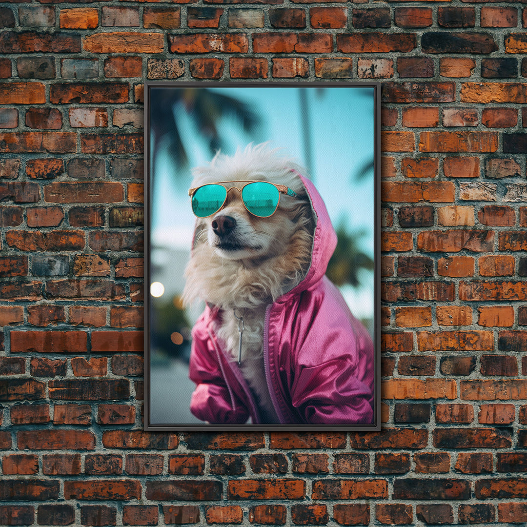 Pomeranian Wall Print, Dog Wall Art, Dog With Shades, Pink Shirt, Funny Wall Art, Framed Wall Art, Framed Canvas, Wall Print, Wall Canvas