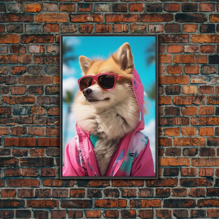 Pomeranian Wall Print, Dog With Shades, Dog Wall Art, Pink Shirt, Funny Wall Art, Framed Wall Art, Framed Canvas, Wall Print, Wall Canvas