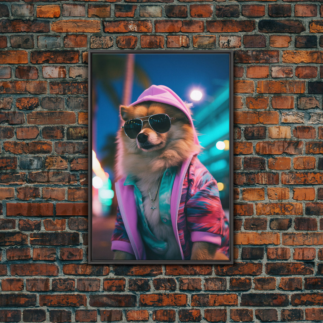 Pomeranian Wall Print, Dog Wall Art, Dog With Shades, Pink Hoodie, Funny Wall Art, Framed Wall Art, Framed Canvas, Wall Print, Wall Canvas