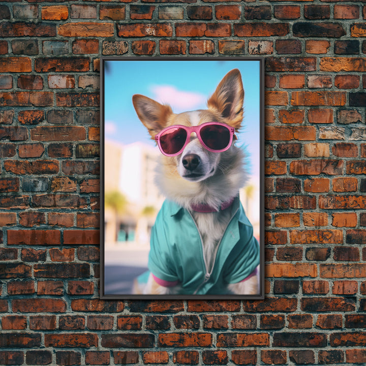 Corgi Wall Print, Dog Wall Art, Dog Sunglasses, Teal Shirt, Funny Wall Art, Framed Wall Art, Framed Canvas, Wall Print, Wall Canvas