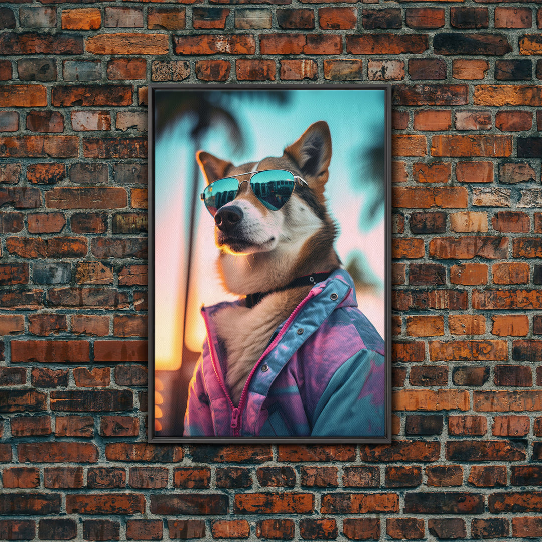 Shiba Inu Wall Print, Dog Art, Dog Sunglasses, Pink Teal Hoodie, Funny Wall Art, Framed Wall Art, Framed Canvas, Wall Print, Wall Canvas