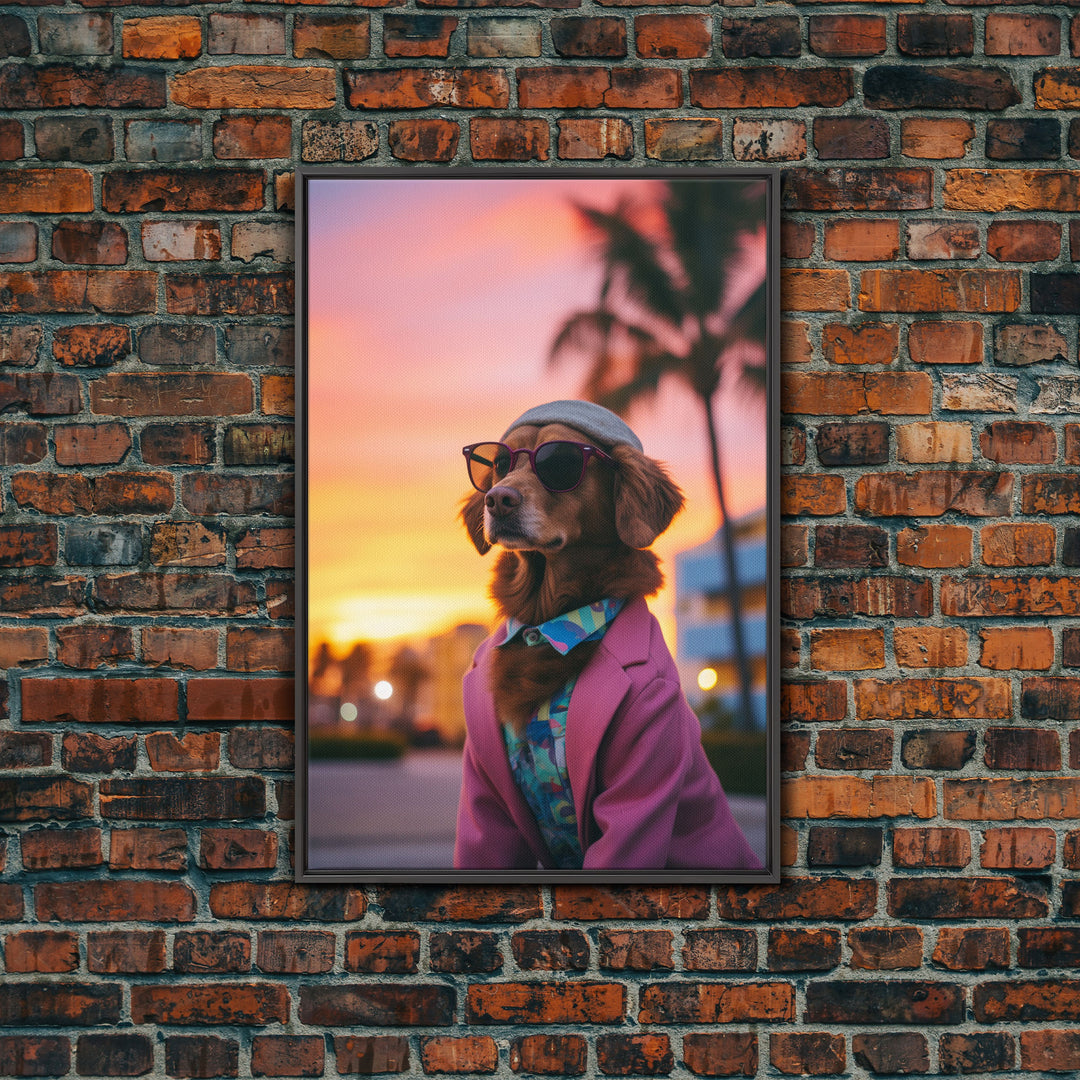 Golden Retriever Wall Print, Dog Art, Dog Sunglasses, Dog In Pink Suit, Funny Art, Framed Wall Art, Framed Canvas, Wall Print, Wall Canvas