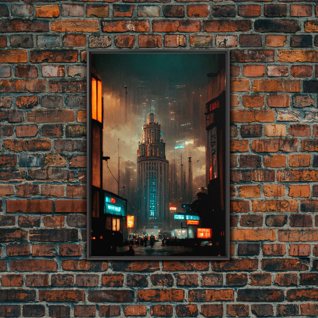 Art Deco Cyberpunk Cityscape Canvas Print, Scifi art, cool wall art for mancave, dystopian art, architecture