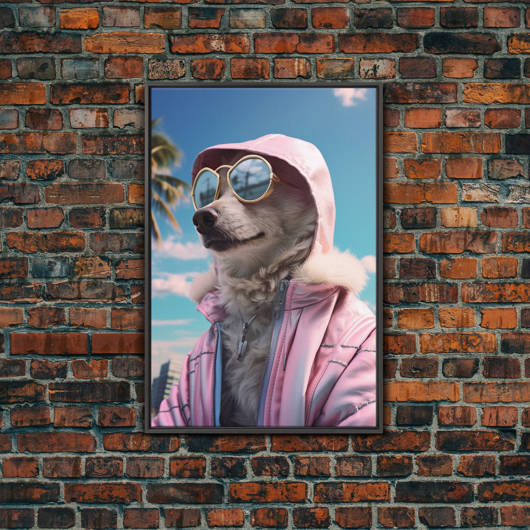 Japanese Spitz In Sunglasses Pink Hoodie Wall Print, Dog Portrait, Dog Art Print, Framed Wall Art, Framed Canvas, Wall Print, Wall Canvas