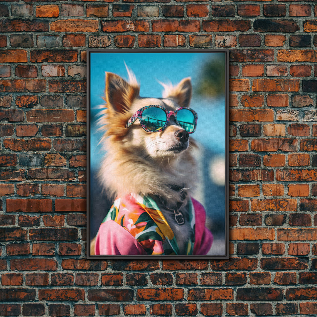 Long Haired Chihuahua In Pink Suit Sunglasses Wall Print, Dog Portrait, Dog Print, Framed Wall Art, Framed Canvas, Wall Print, Wall Canvas