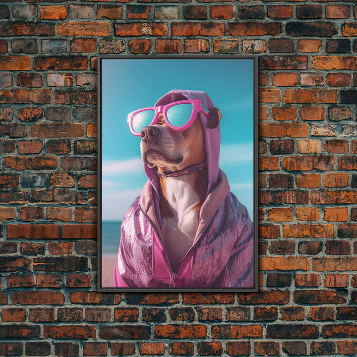 Pit Bull In Pink Hoodie Sunglasses Wall Print, Dog Décor, Dog Print, Dog Portrait, Framed Wall Art, Framed Canvas, Wall Print, Wall Canvas