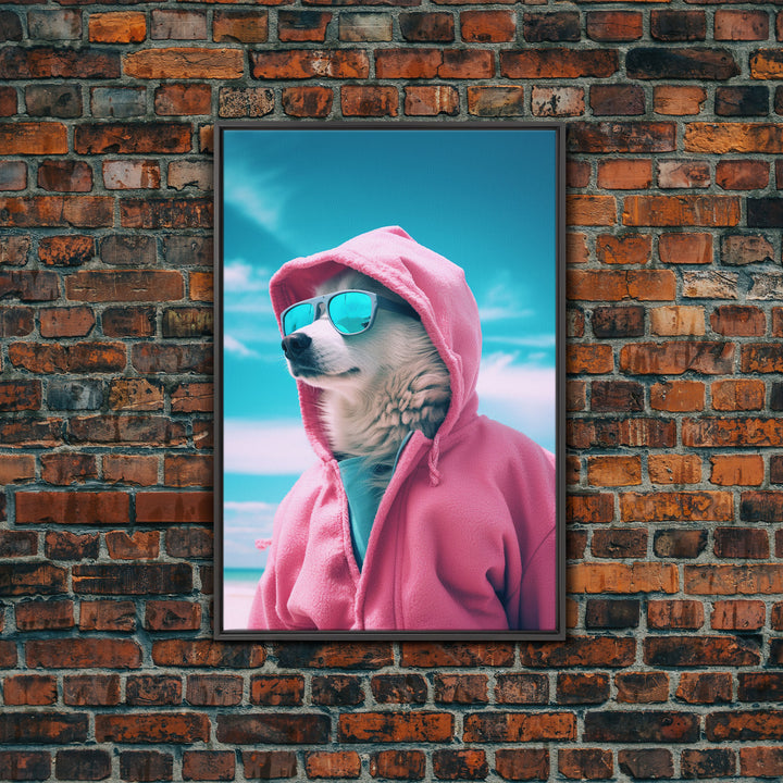 Husky In Pink Hoodie Sunglasses Wall Print, Dog Décor, Dog Print, Dog Portrait, Framed Wall Art, Framed Canvas, Wall Print, Wall Canvas