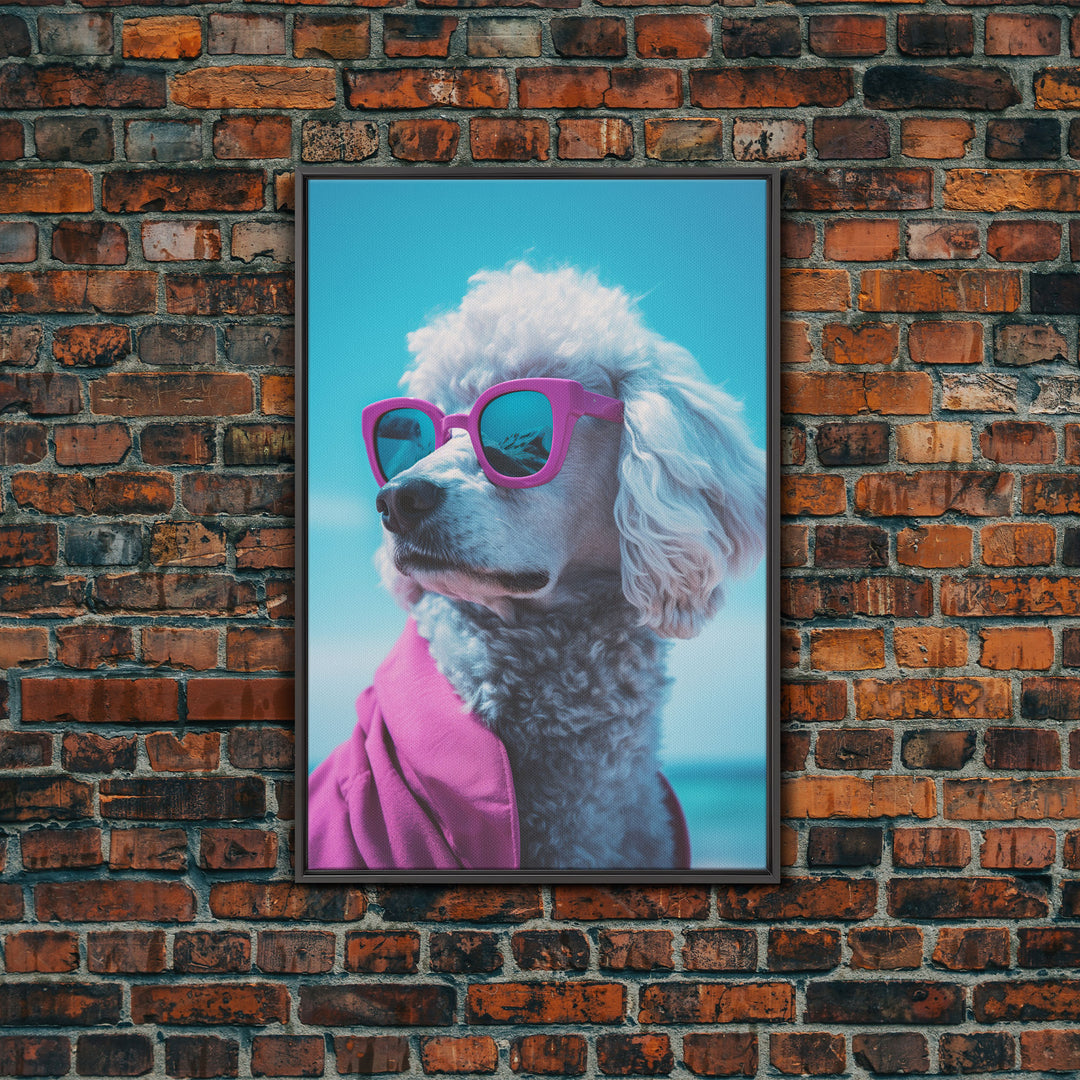 Poodle In Pink Shirt Sunglasses Wall Print, Beach Art, Dog Print, Dog Portrait, Framed Wall Art, Framed Canvas, Wall Print, Wall Canvas