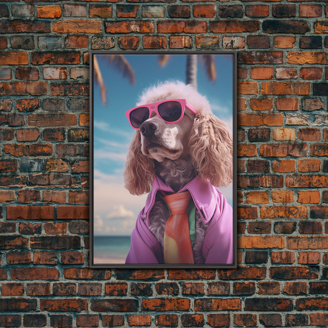 Poodle In Pink Shirt Sunglasses Wall Print, Beach Art, Dog Print, Dog Portrait, Framed Wall Art, Framed Canvas, Wall Print, Wall Canvas