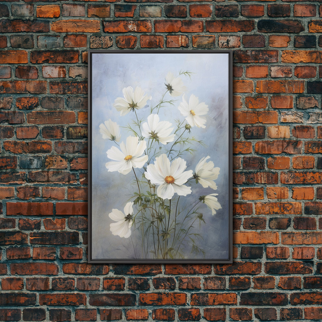 Cosmos Art Print - Framed Canvas Art - Oil Painting Poster Print  - White Flowers Still Life - Small Flower Bouquet Oil Painting Wall Art