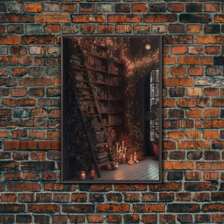 The Winter Library, Victorian Era Library with Ladder Art, Framed Canvas Print, Unique wall decor