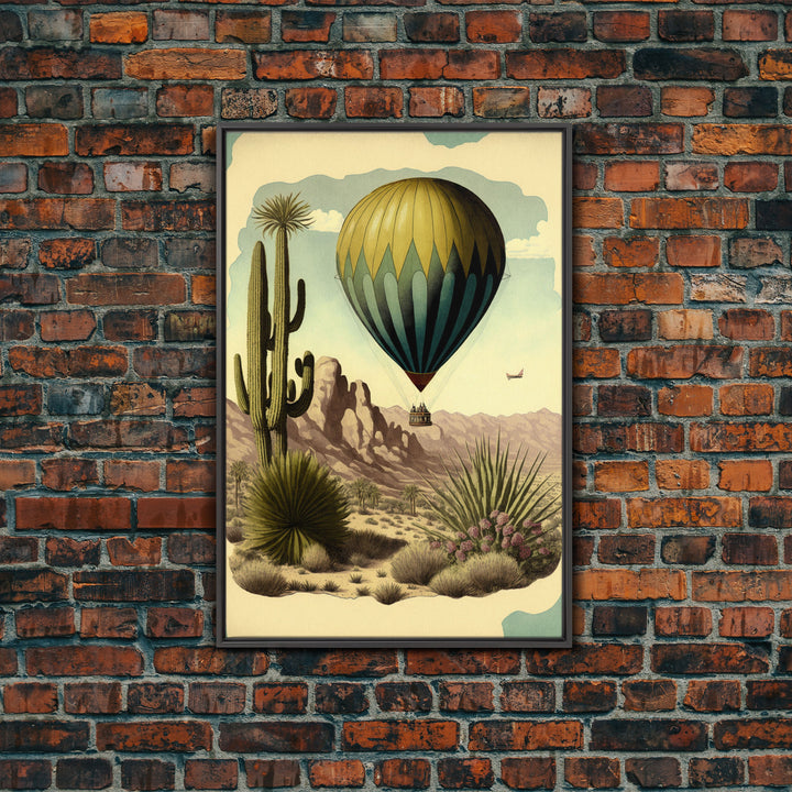 Retro Art Deco Style Hot Air Balloon Art, Framed Canvas print, framed wall art, desert landscape with cactus