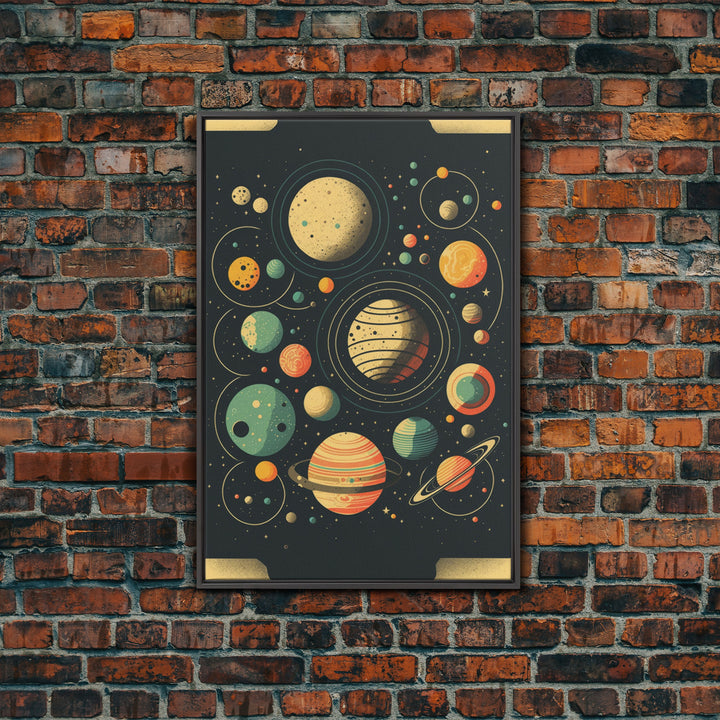 Art Deco Inspired Planetary Solar System Art, Framed Canvas Print, Cute Nursery Decor