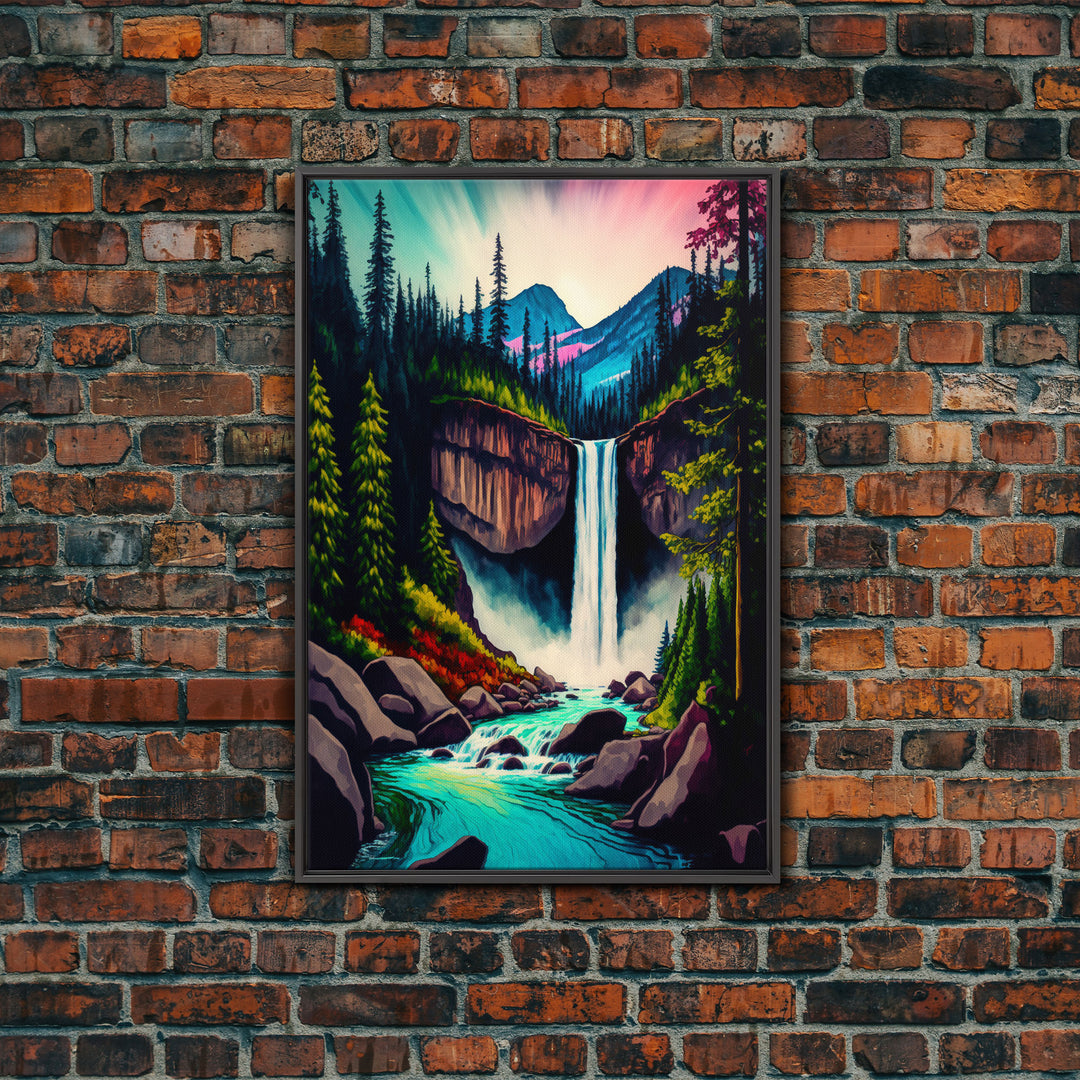 Yellowstone, Watercolor of a secret forest waterfall, framed canvas print, fantasy wall decor