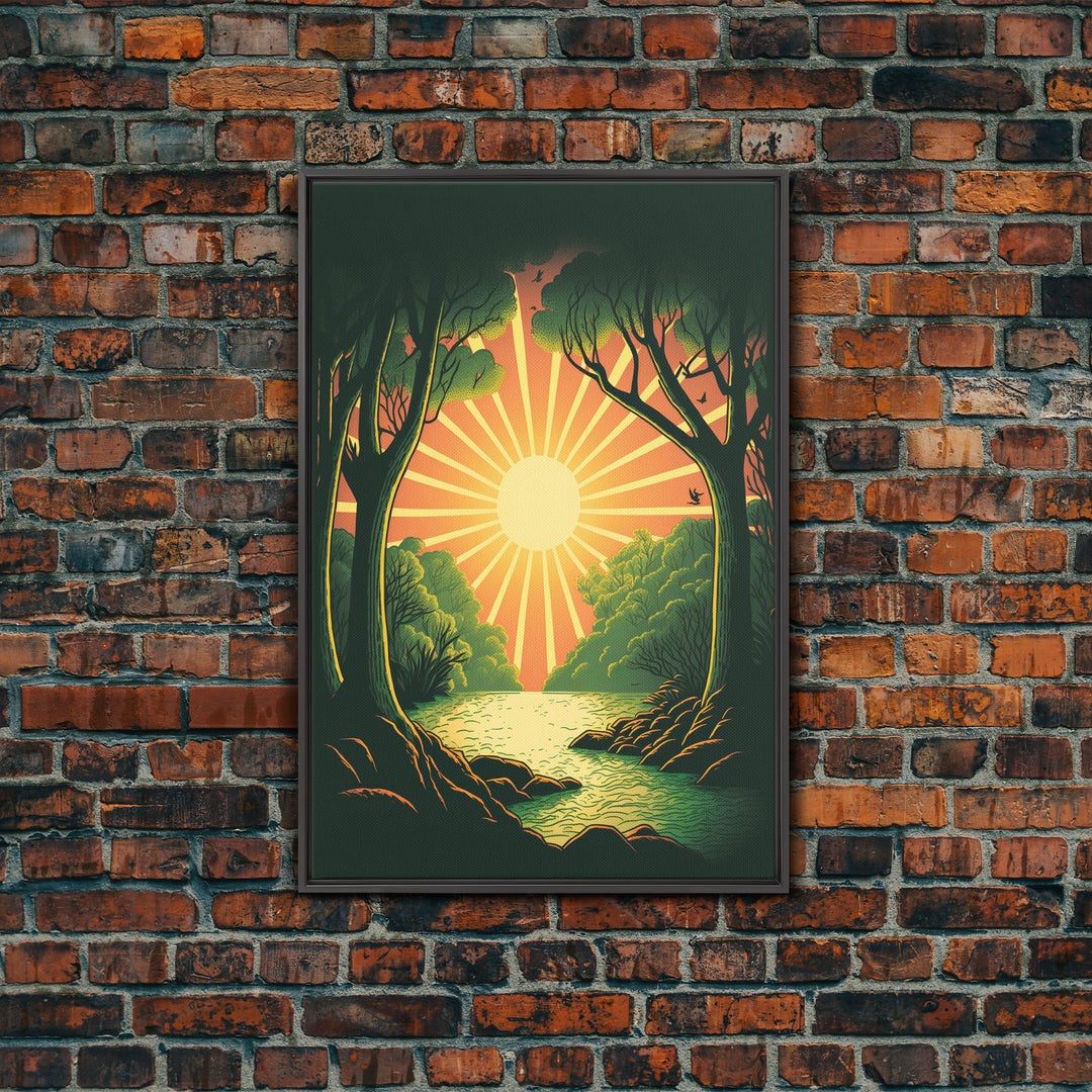 Retro Style Sunset Art, Art Deco Style Landscape Decor, Framed Canvas Print, Sunrise Golden Hour Art