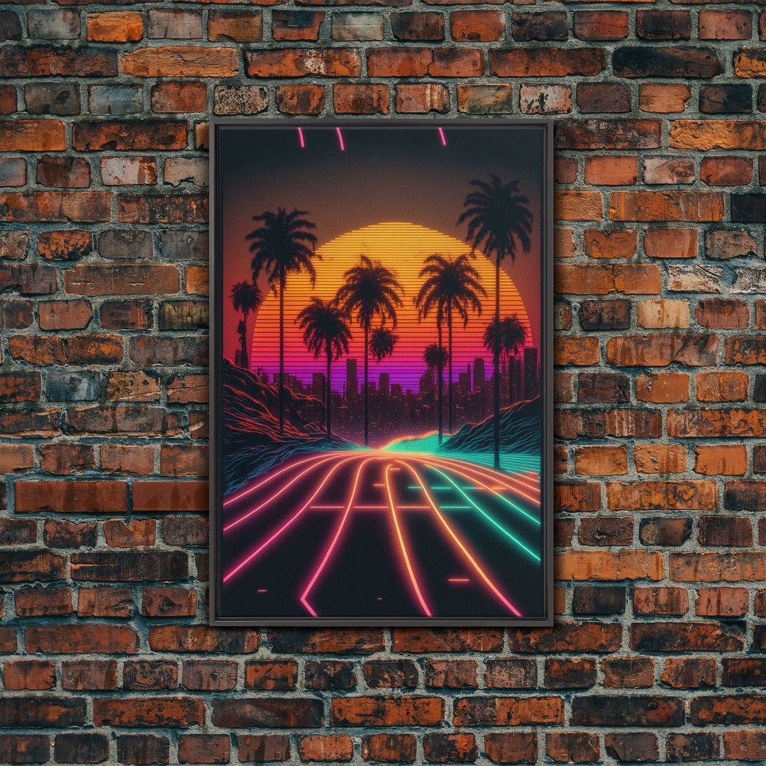 Neon Wireframe Road at Sunset, Outrun / Synthwave Palm Tree Art, 80s Retro Inspired Art, Framed Canvas Print