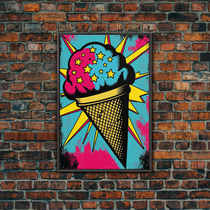 Pop Art Ice Cream, Psychedelic Ice cream cone, framed canvas print, large wall art, wall decoration, ice cream shop art