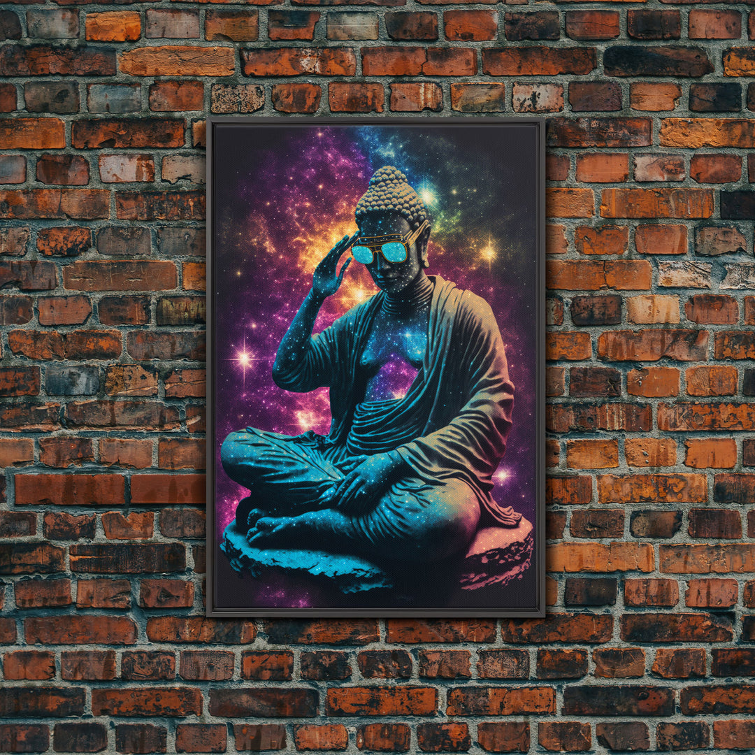 Psychedelic Buddha Wearing Aviators / Sunglasses, Meditation Art, Framed Canvas Print