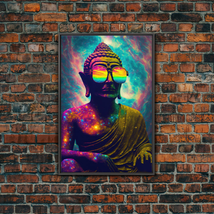 Open Your Mind, Psychedelic Buddha Wearing Aviators / Sunglasses, Meditation Art, Framed Canvas Print, Color Pop Art