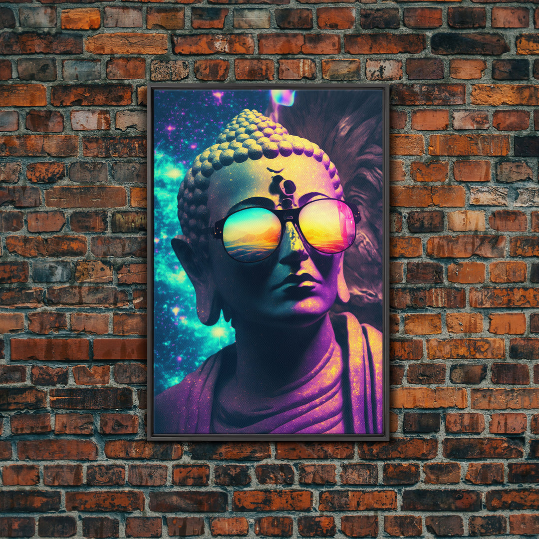 Open Your Mind, Psychedelic Buddha Statue Wearing Aviators / Sunglasses, Meditation Art, Framed Canvas Print, Color Pop Art