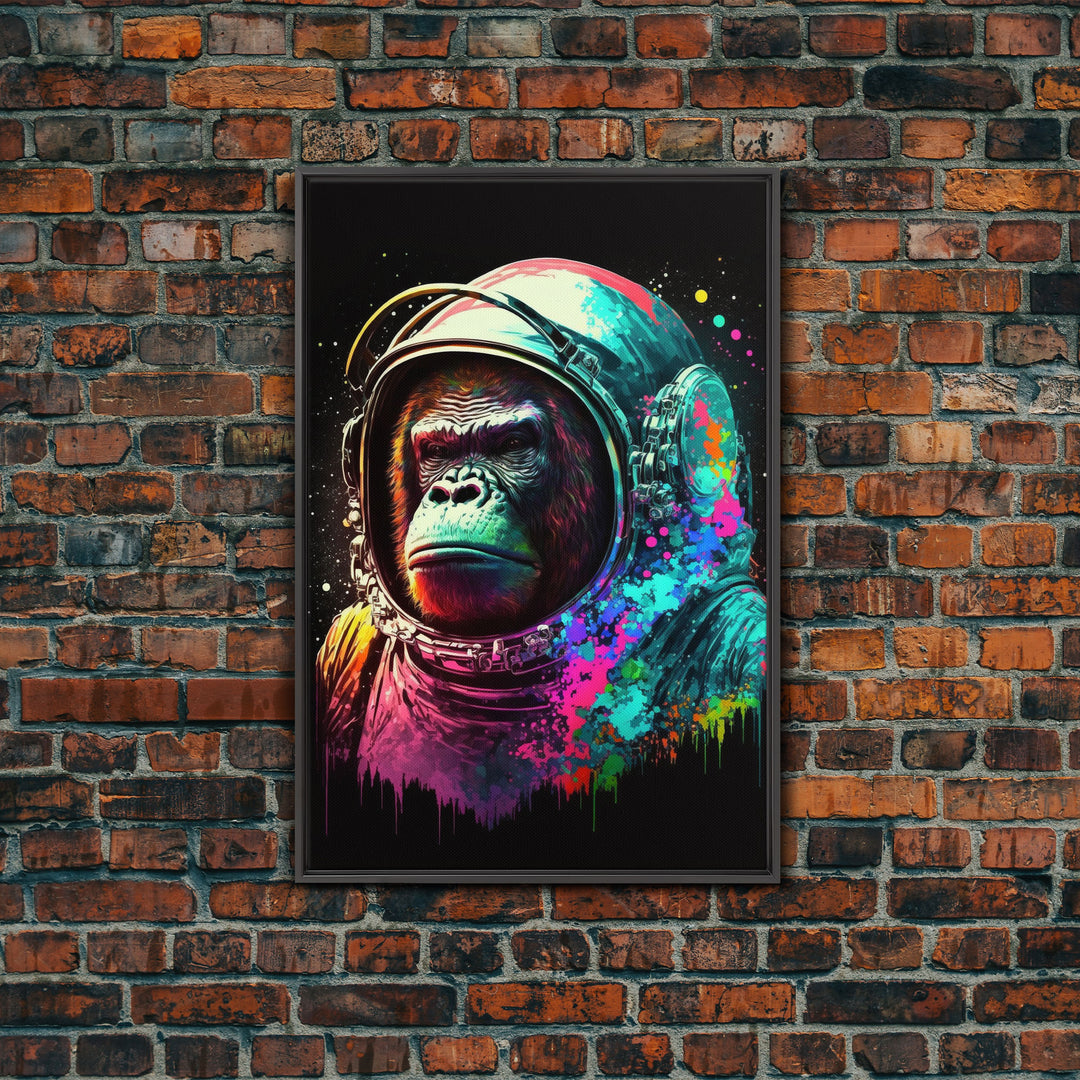 To The Moon, Space Gorilla Astronaut, Framed Canvas Print, GME, NFT Style Decor, Large Wall Art, Ape Astronaut, Psychedelic Graffiti Art