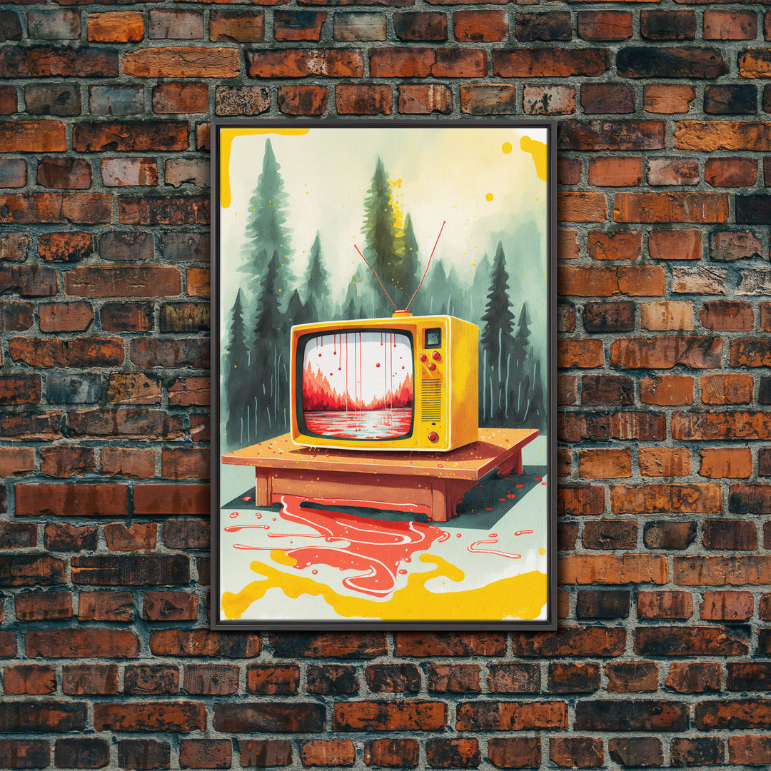 Abstract Surreal Landscape Art, Framed Canvas Print, Retro TV in a Forest, Weird / Strange Home Decor