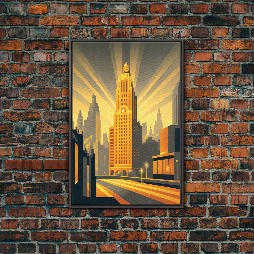 Art Deco Architecture, Framed Canvas Print, 1930s Style Art Deco City Skyline