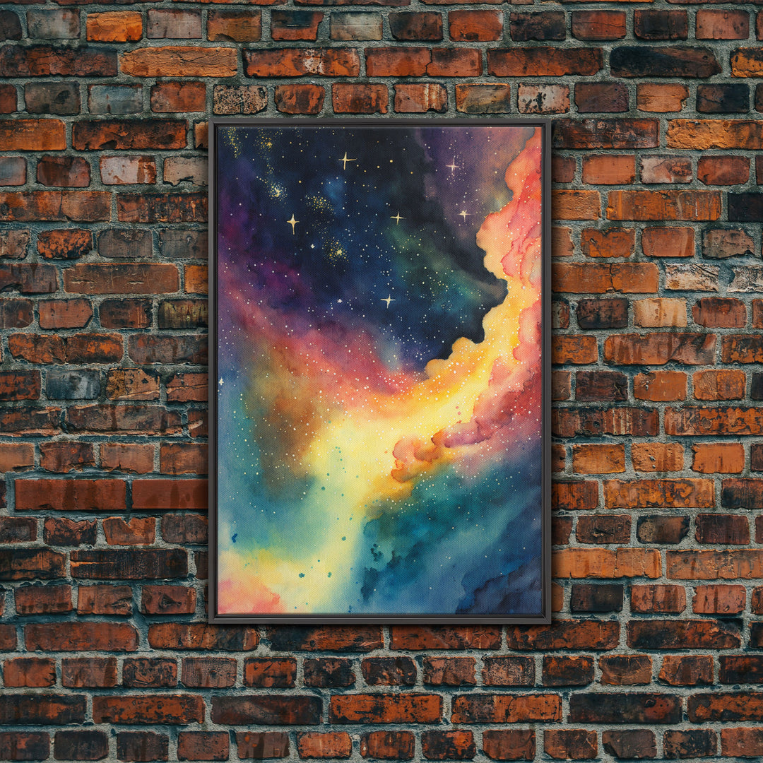 The Rainbow Nebula, Deep Space Art, Framed Canvas Print, Watercolor Painting of Space