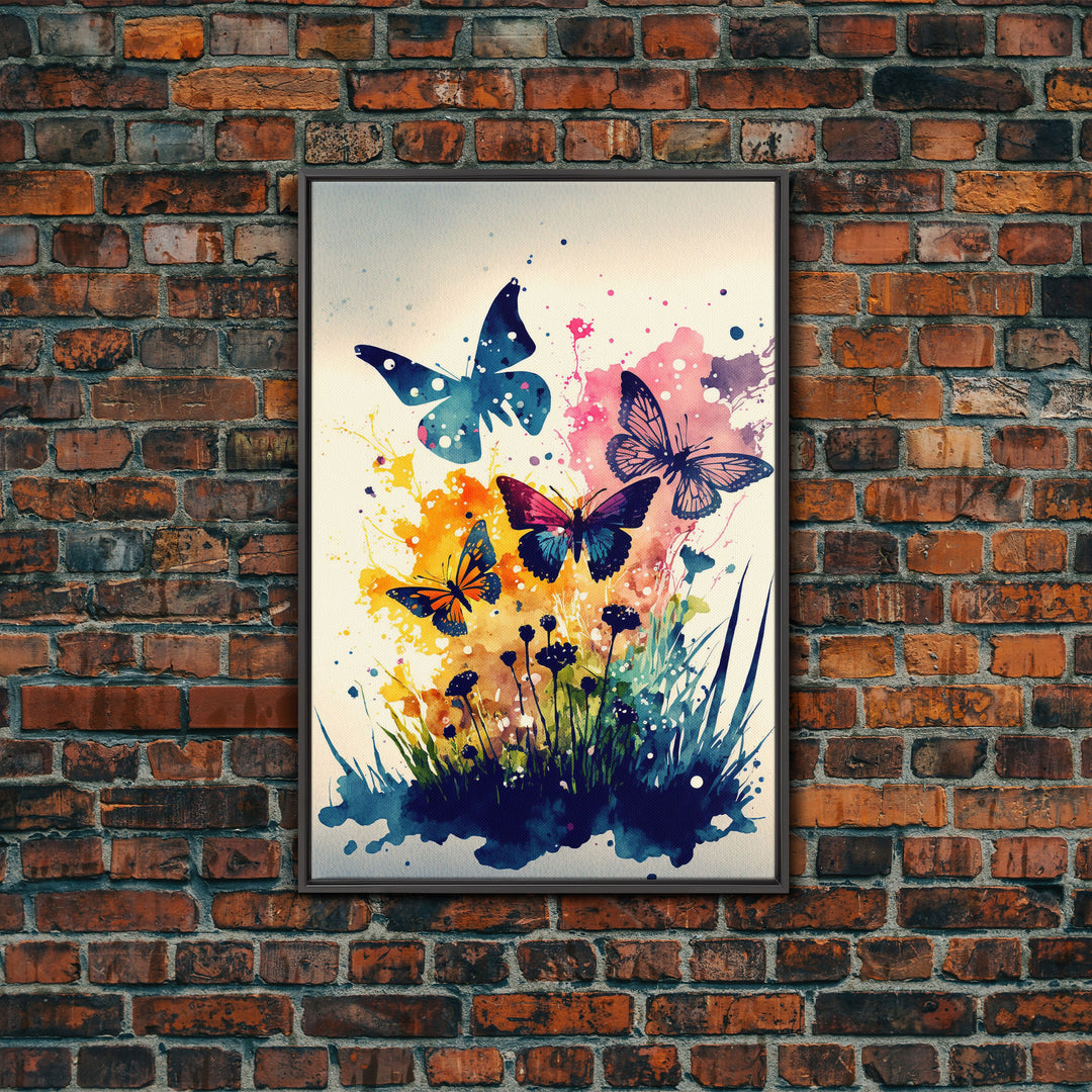 Watercolor Painting Of Butterfly and Wild Flowers, Framed Canvas Print, Colorful Living Room Wall Arrt