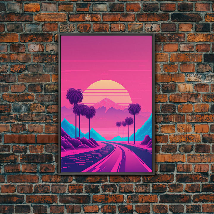 Retro Synthwave 80s Vibes Sunset Over The Mountains and Palm Trees, Highway, Framed Canvas Print