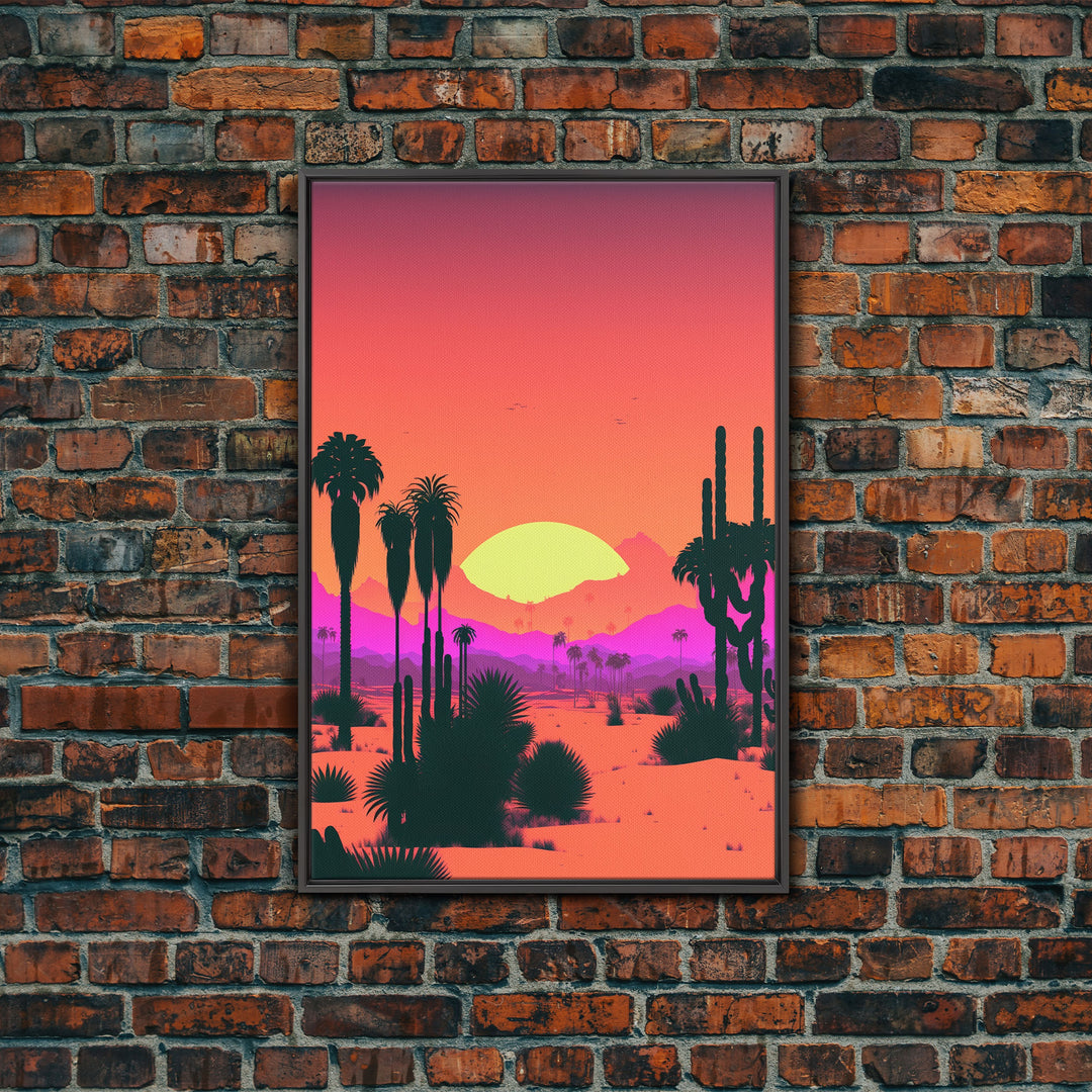 Retro Art Deco Style Minimalist Desert Landscape Print, Framed Canvas Art, Synthwave Style, Southwestern Decor, Western Art, Guest Room