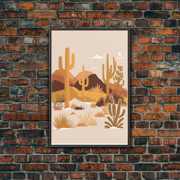 Boho Style Desert Art, Framed Canvas Print, Pueblo Style Cactus and Desert Landscape Art