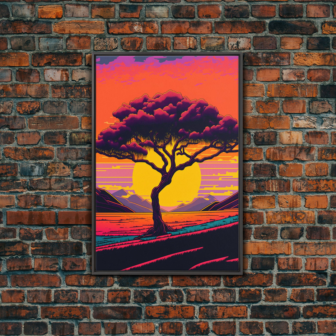 Weeping Willow At Sunset, Retro Style MCM Art, Framed Canvas Print, Trendy Wall Prints, Landscape and Sunset Outrun Art