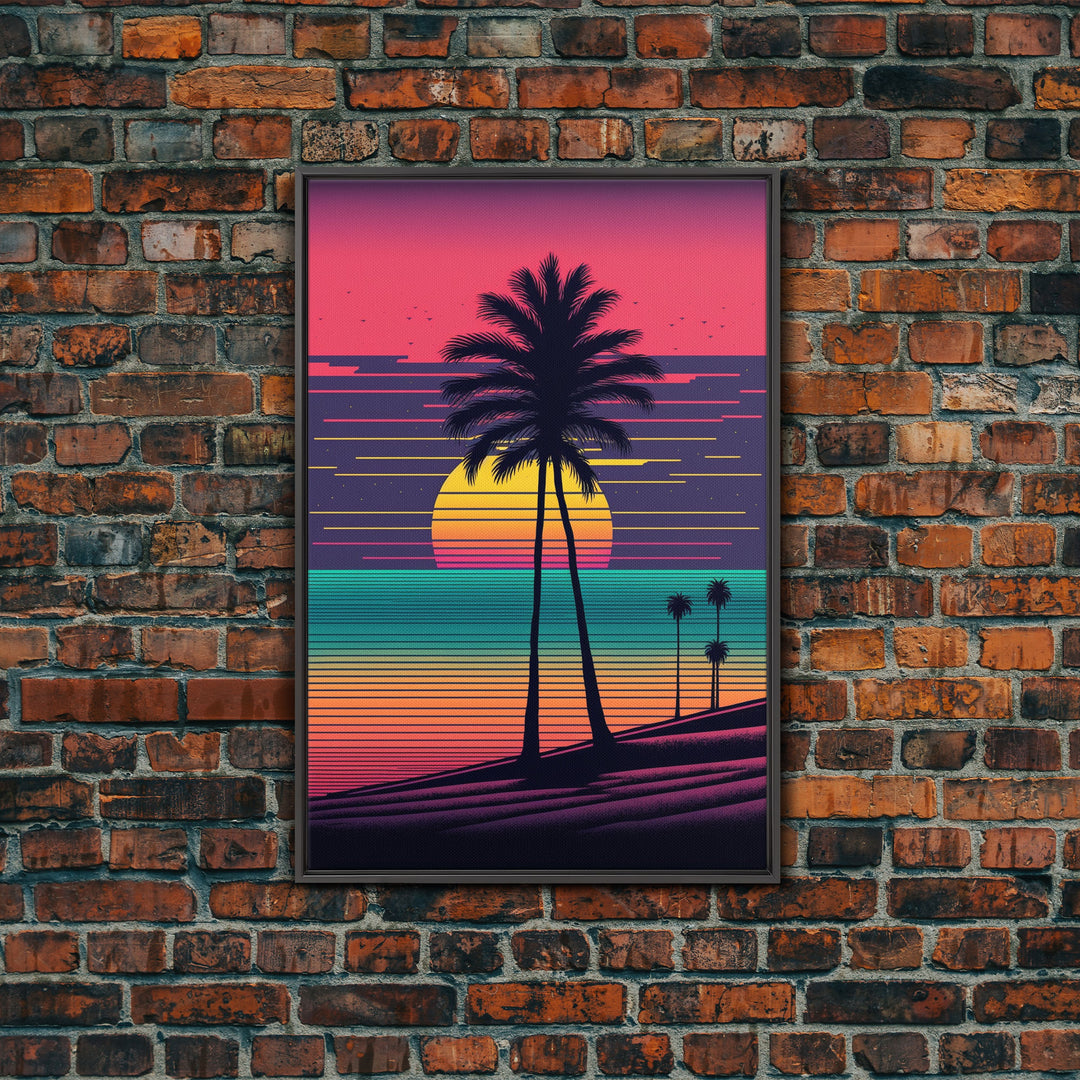 Framed Canvas Print | Synthwave Sunset with Palm Trees | Home Decor | Ready to Hang | Retro Style Decor