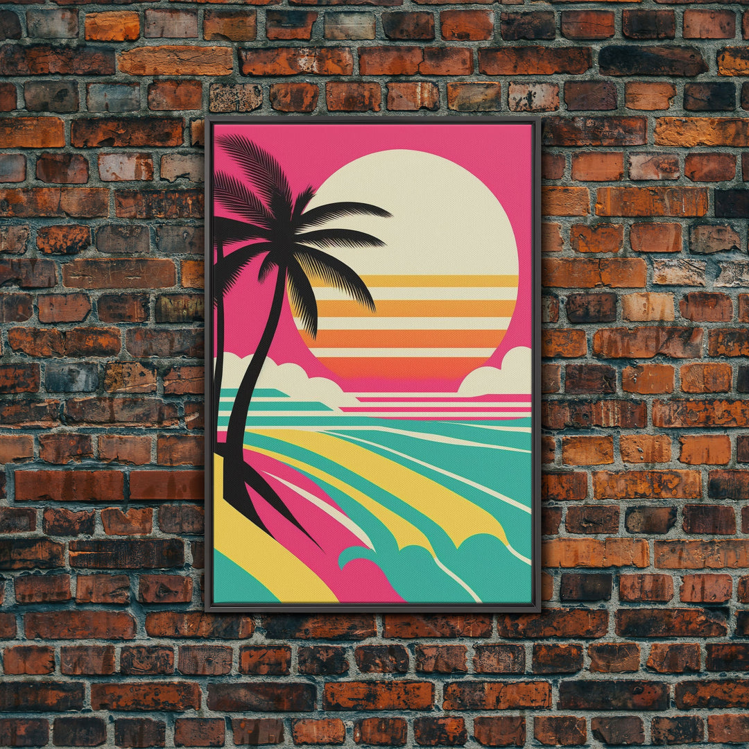 Framed Art Deco Canvas Print - Sunset Beach Scene, Minimalist Palms, Retro Style - Pink and Turquoise Vaporwave Art