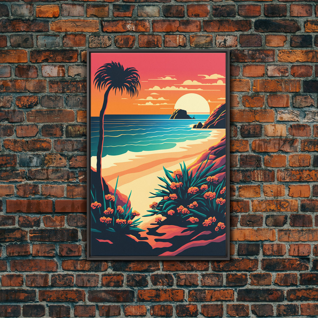 Framed Canvas Print | Art Deco Sunset, Beach, Palm Trees, Retro Style, Synthwave, Vaporwave, Island Vibes, Minimalist Beach Art