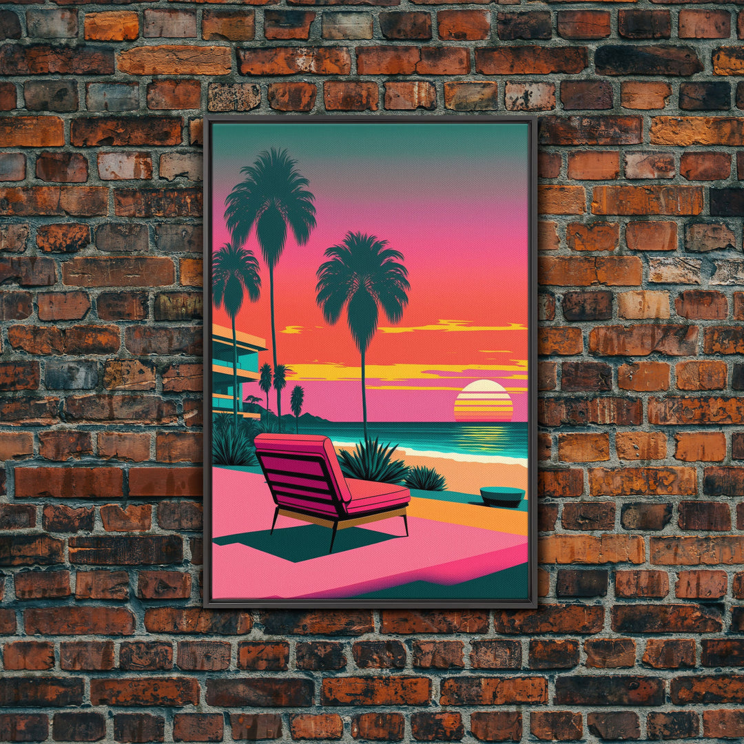 Framed Canvas Print – Art Deco Sunset Beach, Minimalist, Retro, Palm Trees, Synthwave, Vaporwave, Island Vibes, Lounging, Synthwave Deco