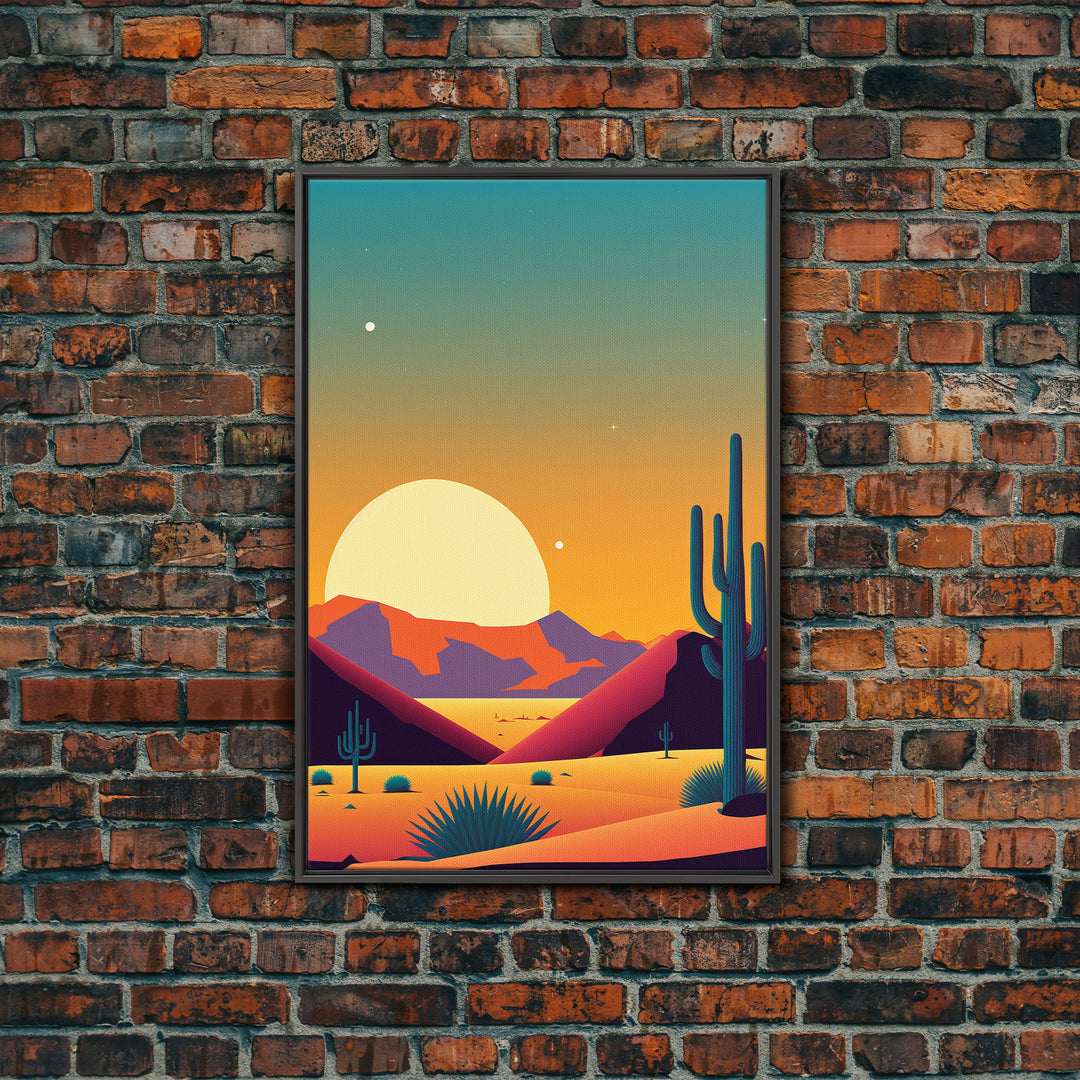 Framed Canvas Print - Pop Art Desert Landscape at Sunset - Ready to Hang Wall Art - Retro Desert Prints - Minimalist Art